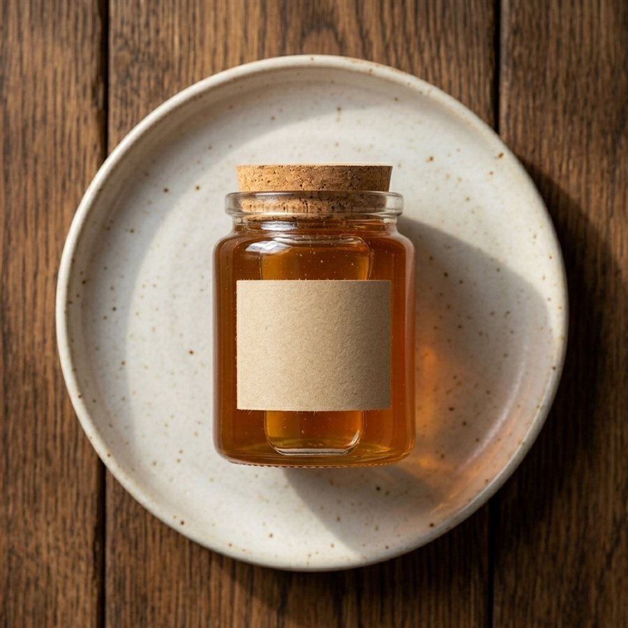 Generated studio photoshoot of a honey jar